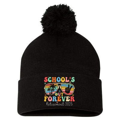 SchoolS Out Forever Retired Teacher 2025 Groovy Retirement Pom Pom 12in Knit Beanie