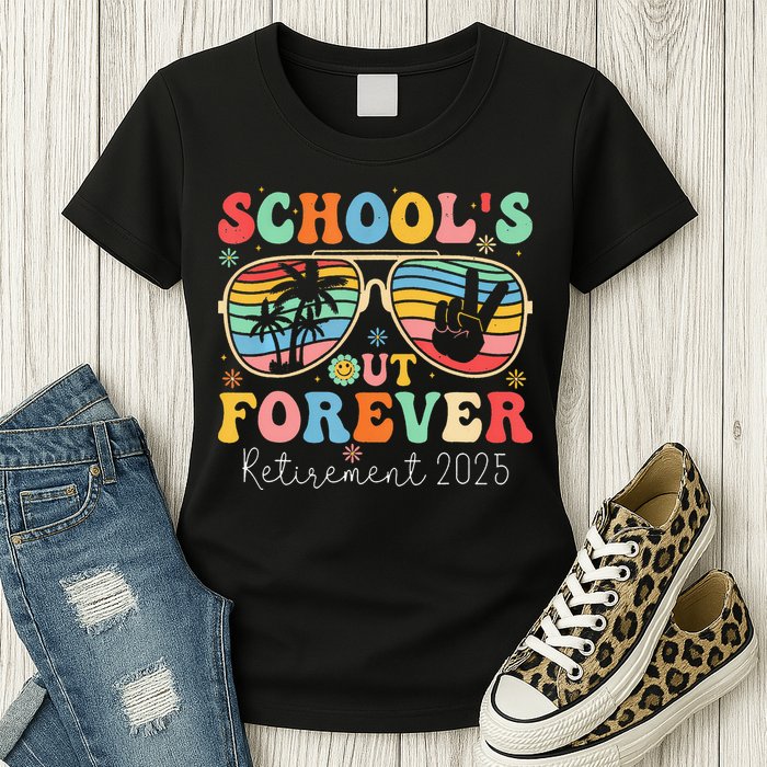 SchoolS Out Forever Retired Teacher 2025 Groovy Retirement Womens T-Shirt