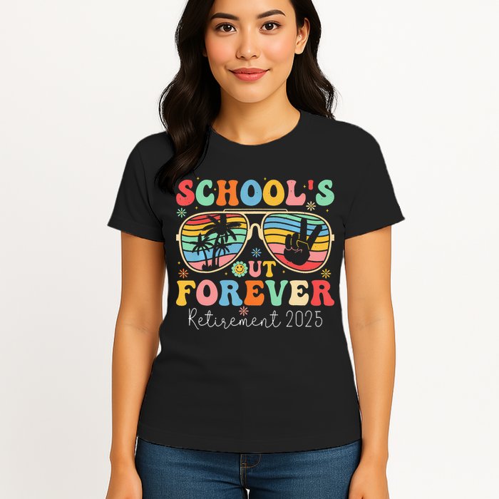 SchoolS Out Forever Retired Teacher 2025 Groovy Retirement Womens T-Shirt
