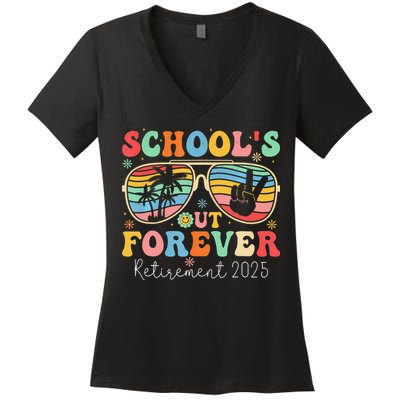 SchoolS Out Forever Retired Teacher 2025 Groovy Retirement Women's V-Neck T-Shirt