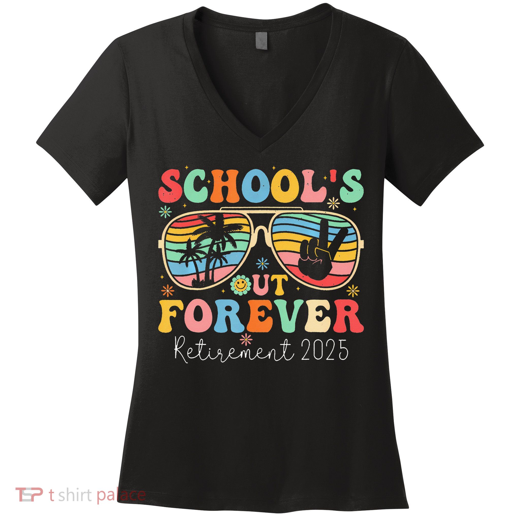SchoolS Out Forever Retired Teacher 2025 Groovy Retirement Women's V-Neck T-Shirt