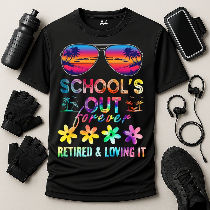 Schools Out Forever Retired Loving It Summer Teacher Tie Dye Cooling Performance Crew T-Shirt