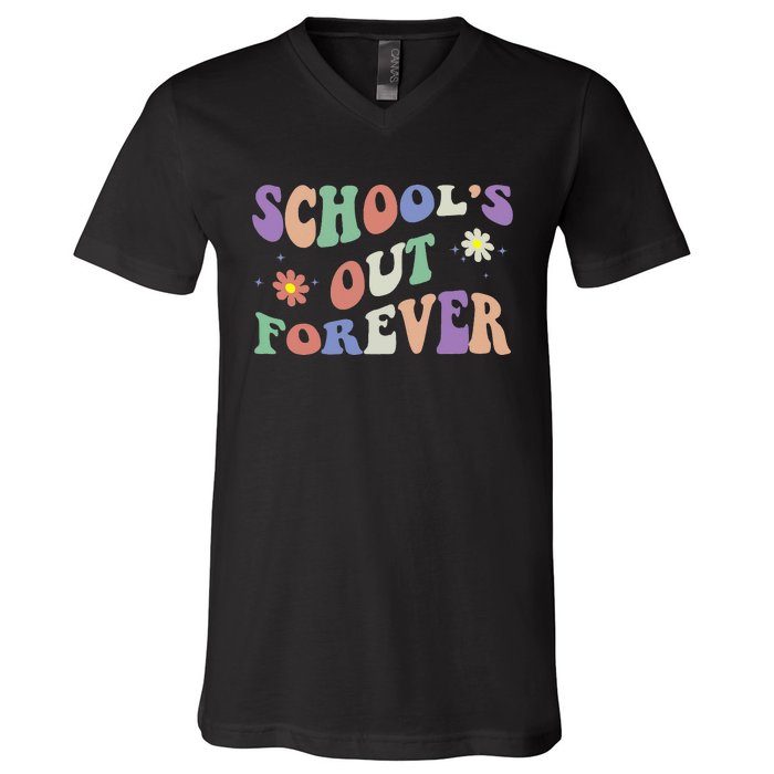 SchoolS Out Forever Teacher Retirement Boho Flower V-Neck T-Shirt