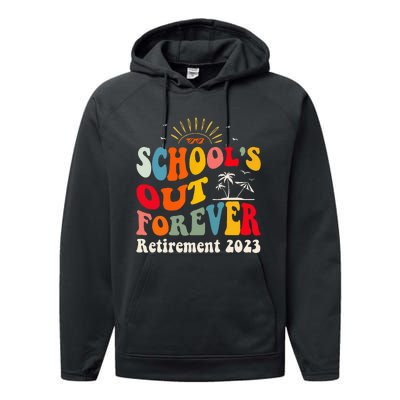 School's Out Forever Retired Teacher Groovy Retirement Performance Fleece Hoodie