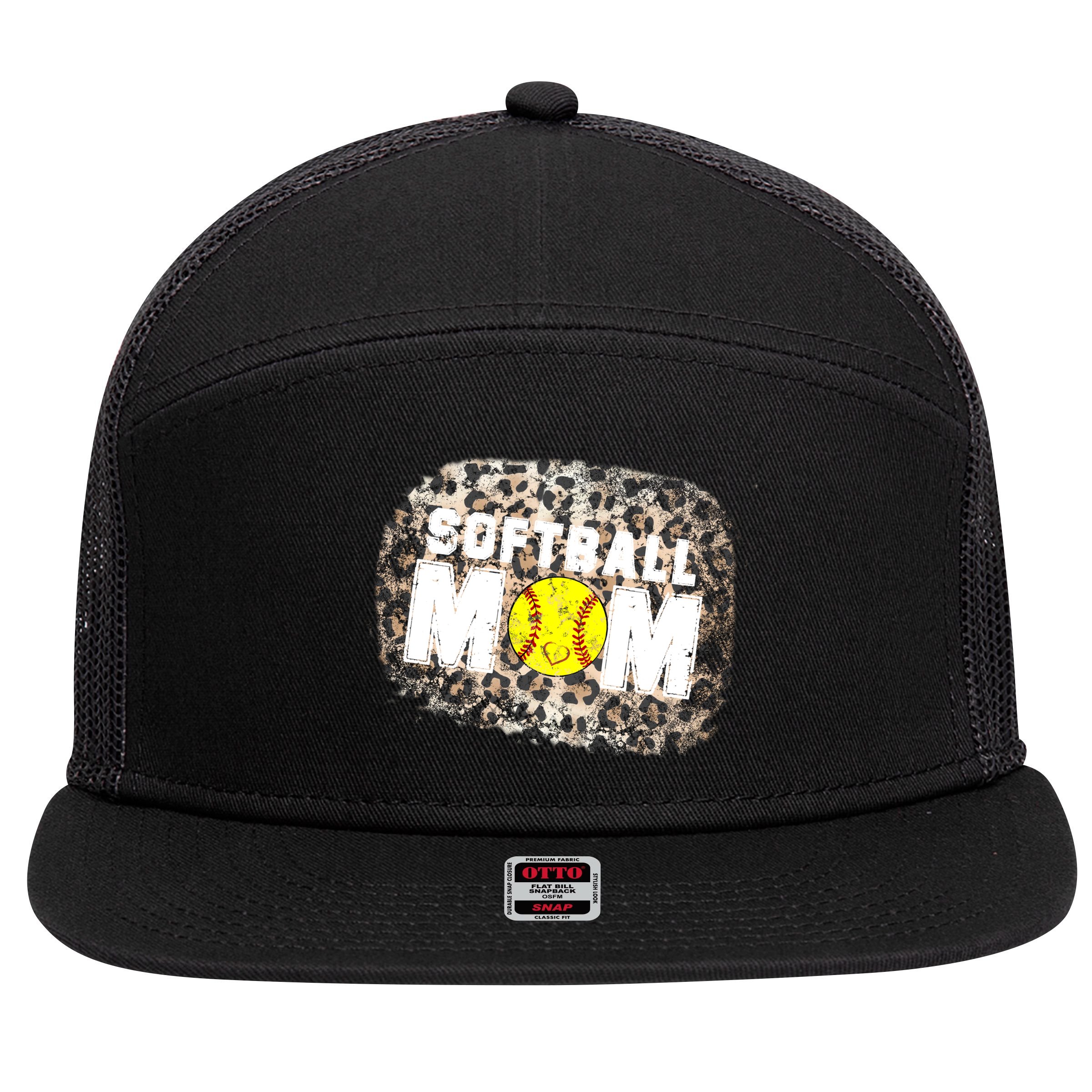 Softball Mom leopard Background 7 Panel Mesh Trucker Snapback Hat