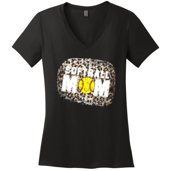 Softball Mom leopard Background Women's V-Neck T-Shirt