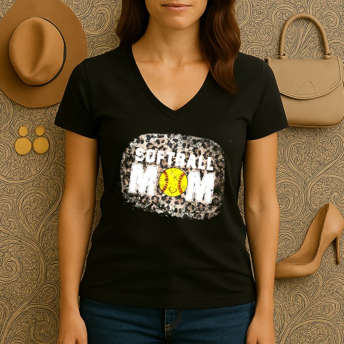 Softball Mom leopard Background Women's V-Neck T-Shirt