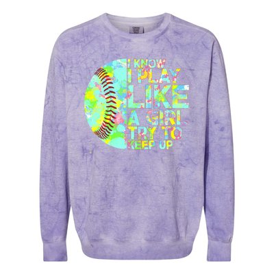 Softball Play Like A Girl Colorblast Crewneck Sweatshirt