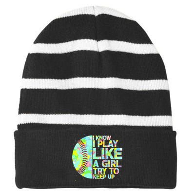 Softball Play Like A Girl Striped Beanie with Solid Band