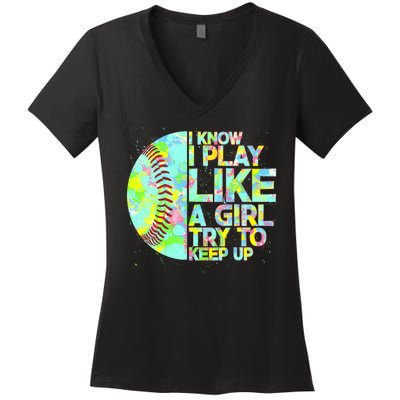 Softball Play Like A Girl Women's V-Neck T-Shirt