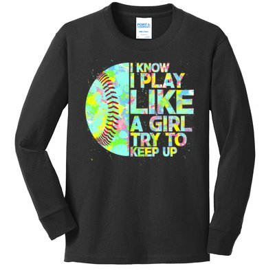 Softball Play Like A Girl Kids Long Sleeve Shirt