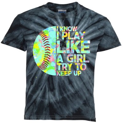 Softball Play Like A Girl Kids Tie-Dye T-Shirt