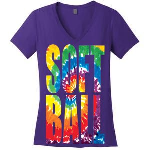 Softball Retro Tie Dye Women's V-Neck T-Shirt