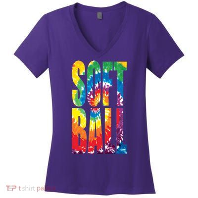 Softball Retro Tie Dye Women's V-Neck T-Shirt
