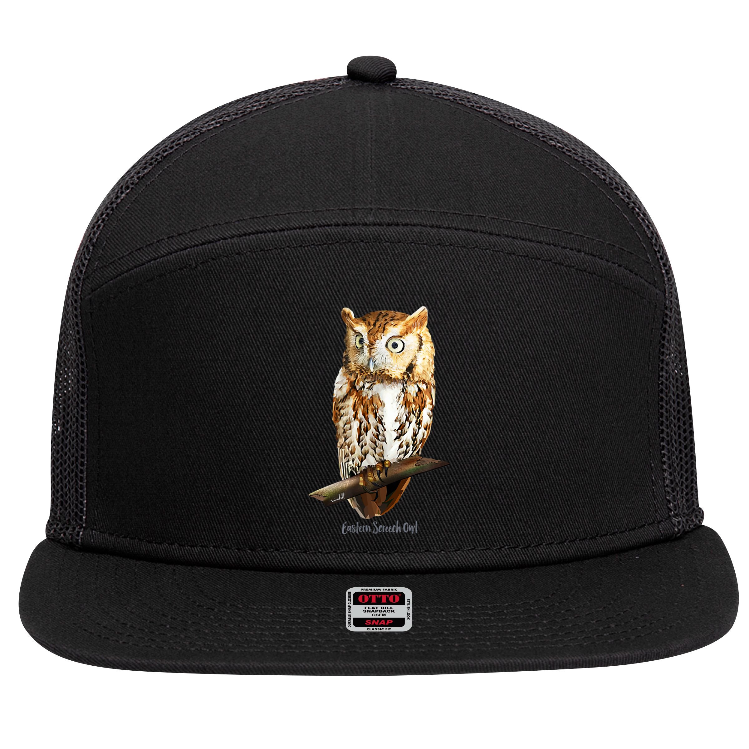 Screech Owl Graphic Birder Wildlife Bird Watching 7 Panel Mesh Trucker Snapback Hat
