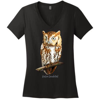 Screech Owl Graphic Birder Wildlife Bird Watching Women's V-Neck T-Shirt