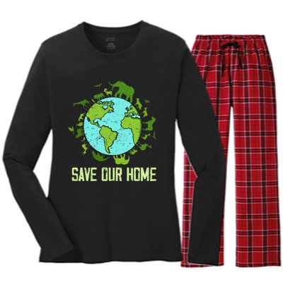 Save Our Home Animals Wildlife Conservation Earth Day 2024 Women's Long Sleeve Flannel Pajama Set 