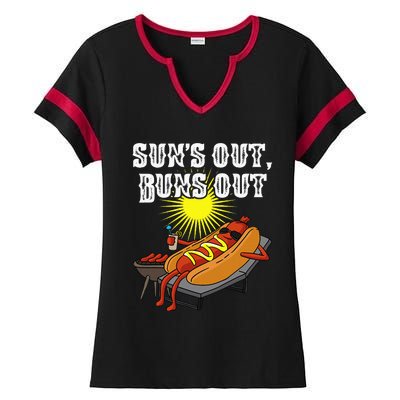 Suns Out Hot Dog Buns Out Funny Sausage Bbq Food Barbecue Ladies Halftime Notch Neck Tee