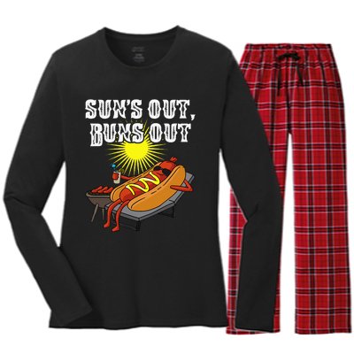 Suns Out Hot Dog Buns Out Funny Sausage Bbq Food Barbecue Women's Long Sleeve Flannel Pajama Set 