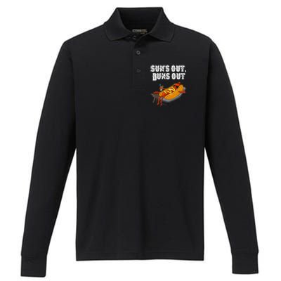 Suns Out Hotdog Buns Out Funny Sausage Bbq Fast Food Punny Gift Performance Long Sleeve Polo