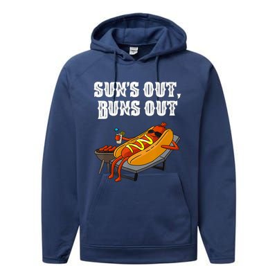 Suns Out Hotdog Buns Out Funny Sausage Bbq Fast Food Punny Gift Performance Fleece Hoodie