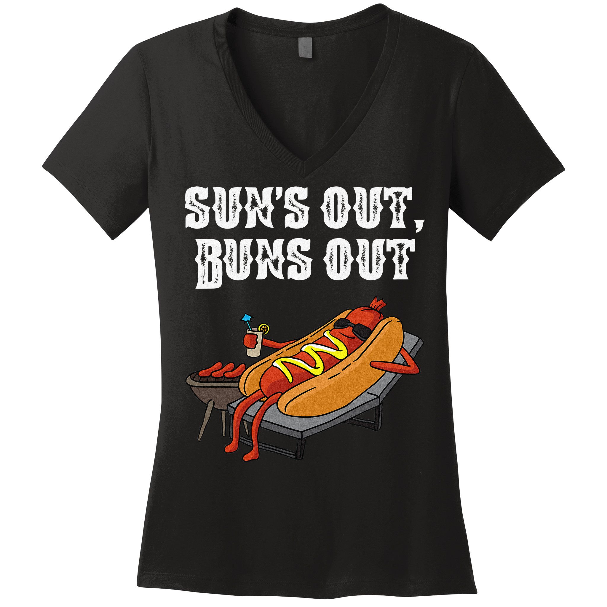 Suns Out Hot Dog Buns Out Funny Sausage BBQ Food Lover Gift Women's V-Neck T-Shirt