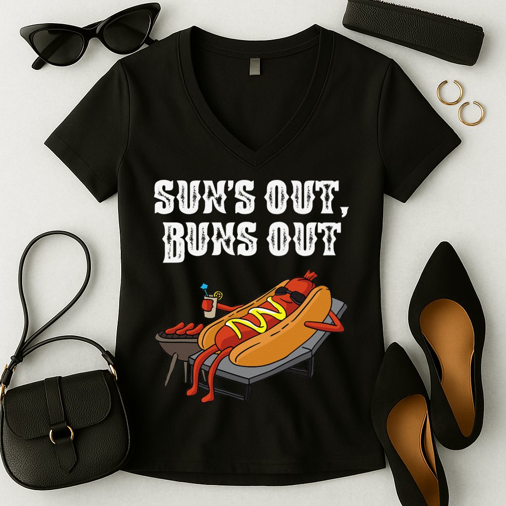 Suns Out Hot Dog Buns Out Funny Sausage BBQ Food Lover Gift Women's V-Neck T-Shirt