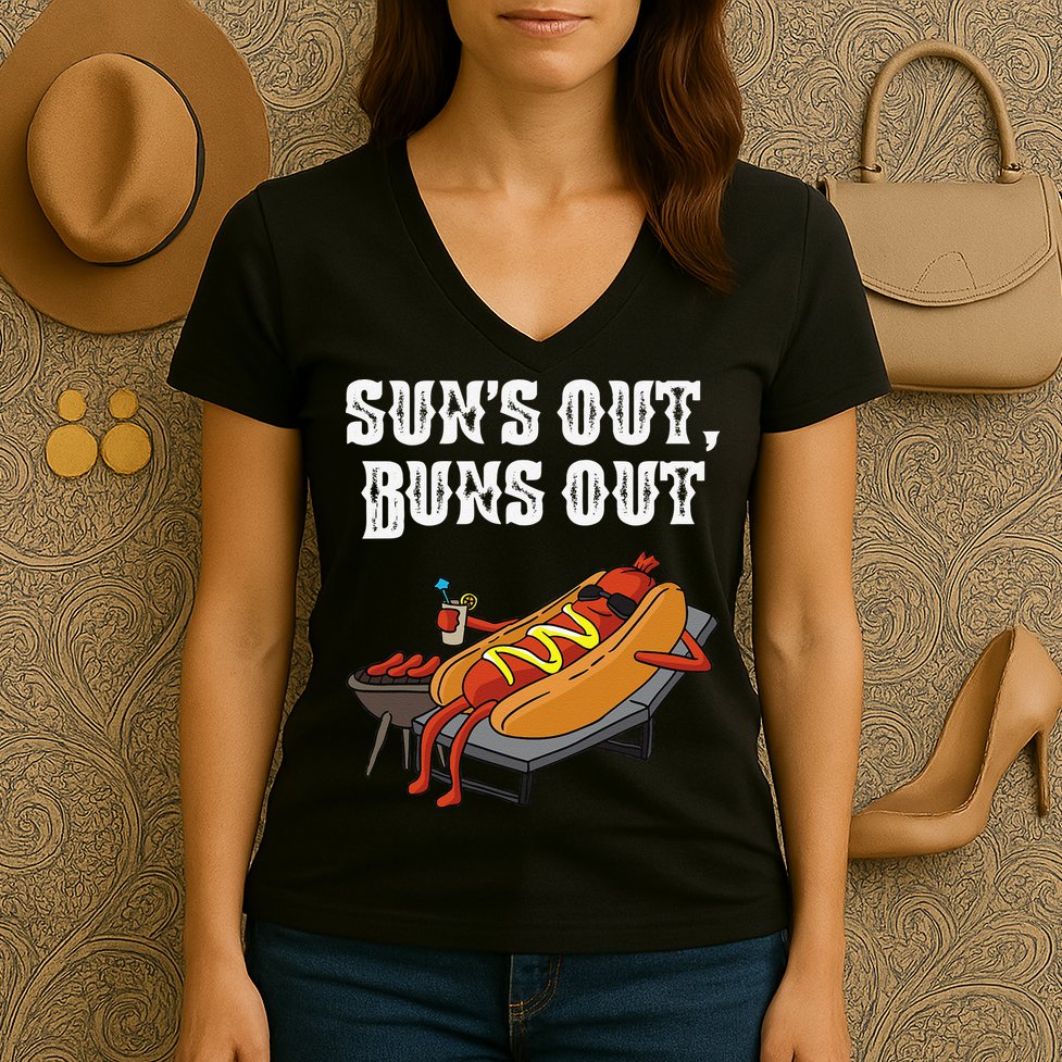 Suns Out Hot Dog Buns Out Funny Sausage BBQ Food Lover Gift Women's V-Neck T-Shirt