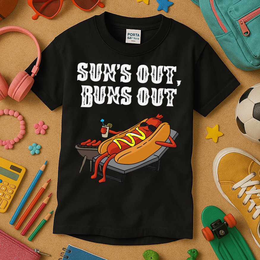 Suns Out Hot Dog Buns Out Funny Sausage BBQ Food Lover Gift Kids T-Shirt