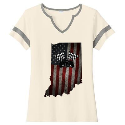 State Of Indiana Racecar Vintage Distressed Look Ladies Halftime Notch Neck Tee