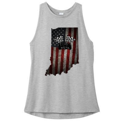 State Of Indiana Racecar Vintage Distressed Look Ladies PosiCharge Tri-Blend Wicking Tank