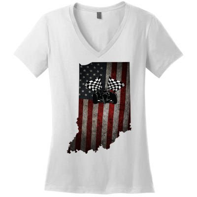 State Of Indiana Racecar Vintage Distressed Look Women's V-Neck T-Shirt