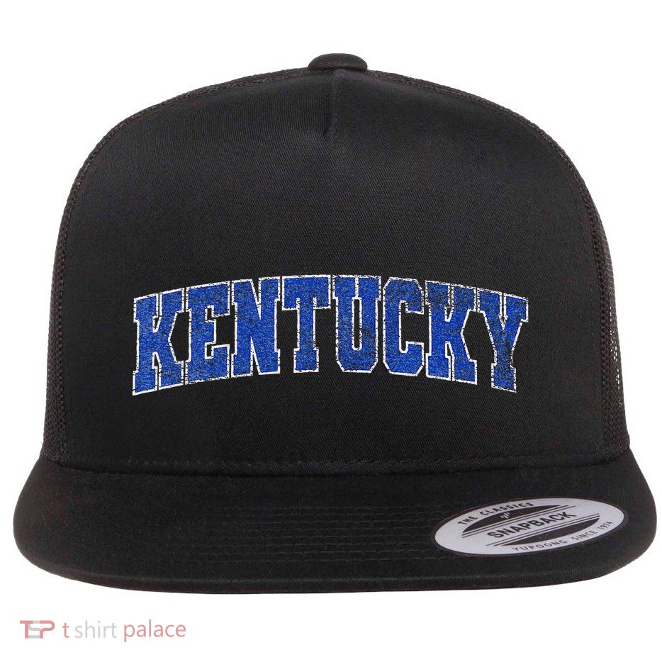 State Of Kentucky Pride Varsity Style Distressed Design Flat Bill Trucker Hat