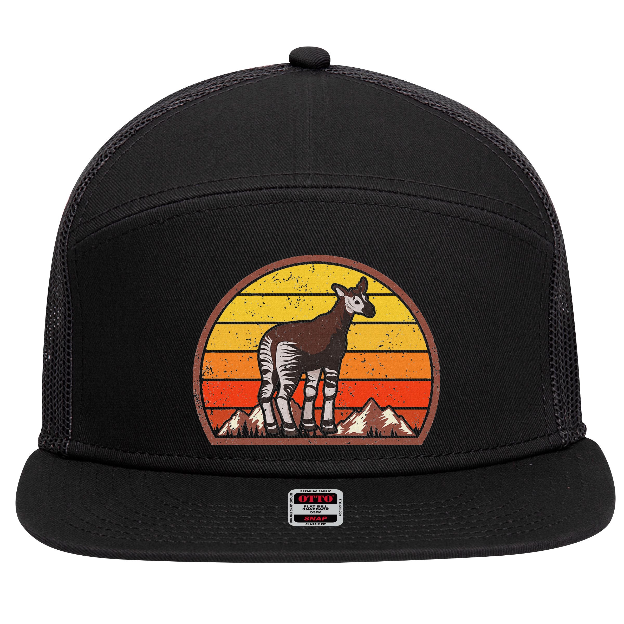 Sunset Okapi Lover Gift Vintage Retro Okapi 7 Panel Mesh Trucker Snapback Hat
