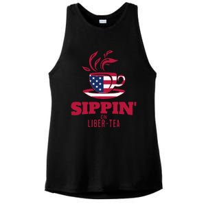 Sippin On Liber Tea American Flag Funny Holiday Slogans Ladies PosiCharge Tri-Blend Wicking Tank