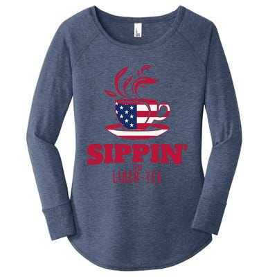 Sippin On Liber Tea American Flag Funny Holiday Slogans Women's Perfect Tri Tunic Long Sleeve Shirt