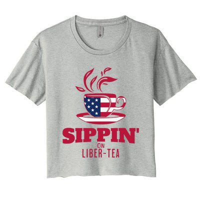 Sippin On Liber Tea American Flag Funny Holiday Slogans Women's Crop Top Tee