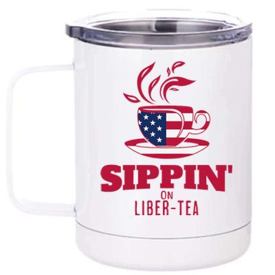 Sippin On Liber Tea American Flag Funny Holiday Slogans 12 oz Stainless Steel Tumbler Cup