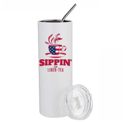 Sippin On Liber Tea American Flag Funny Holiday Slogans Stainless Steel Tumbler