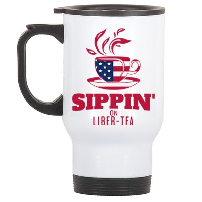 Sippin On Liber Tea American Flag Funny Holiday Slogans Stainless Steel Travel Mug