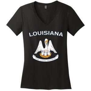 State Of Louisiana Flag Pelican La New Orleans Baton Rouge Women's V-Neck T-Shirt