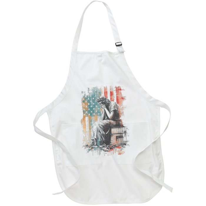 Statue Of Liberty Weeping Distressed Flag Art  Full-Length Apron With Pockets