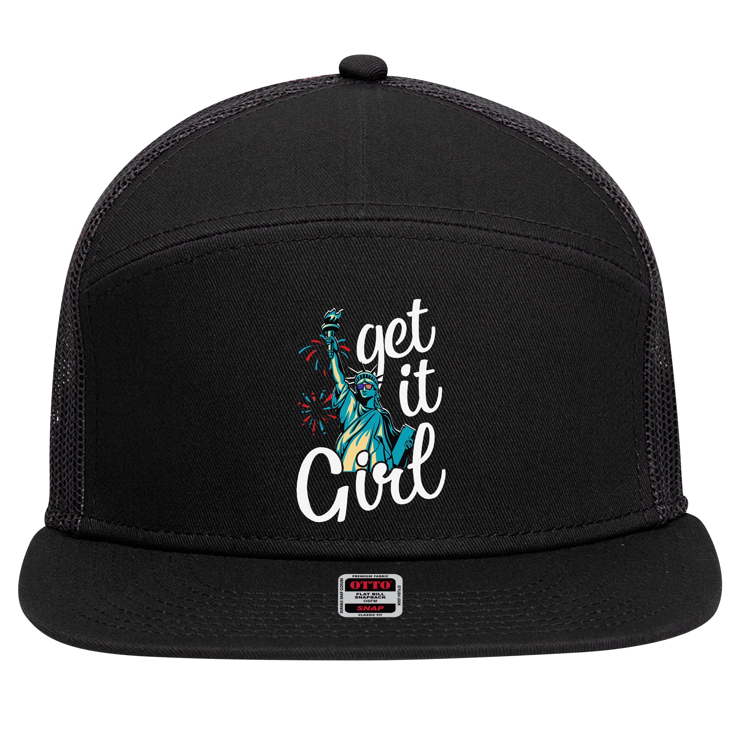 Statue of Liberty Get It American Flag 4th of July 7 Panel Mesh Trucker Snapback Hat