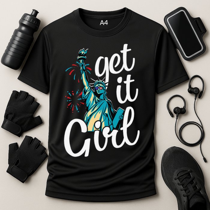 Statue of Liberty Get It American Flag 4th of July Cooling Performance Crew T-Shirt