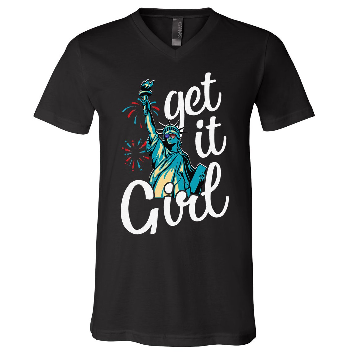 Statue of Liberty Get It American Flag 4th of July V-Neck T-Shirt