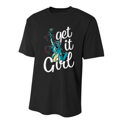 Statue of Liberty Get It American Flag 4th of July Youth Performance Sprint T-Shirt