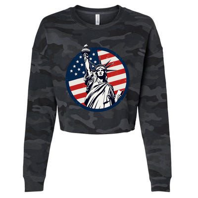 Statue Of Liberty With American Flag Fourth Of July Cropped Pullover Crew