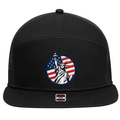 Statue Of Liberty With American Flag Fourth Of July 7 Panel Mesh Trucker Snapback Hat