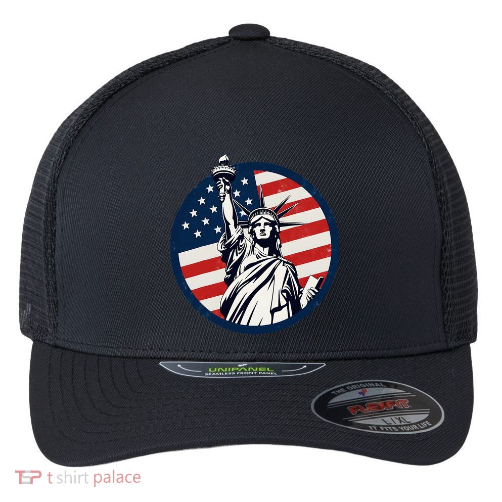 Statue Of Liberty With American Flag Fourth Of July Flexfit Unipanel Trucker Cap