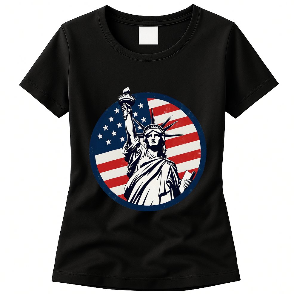 Statue Of Liberty With American Flag Fourth Of July Womens T-Shirt